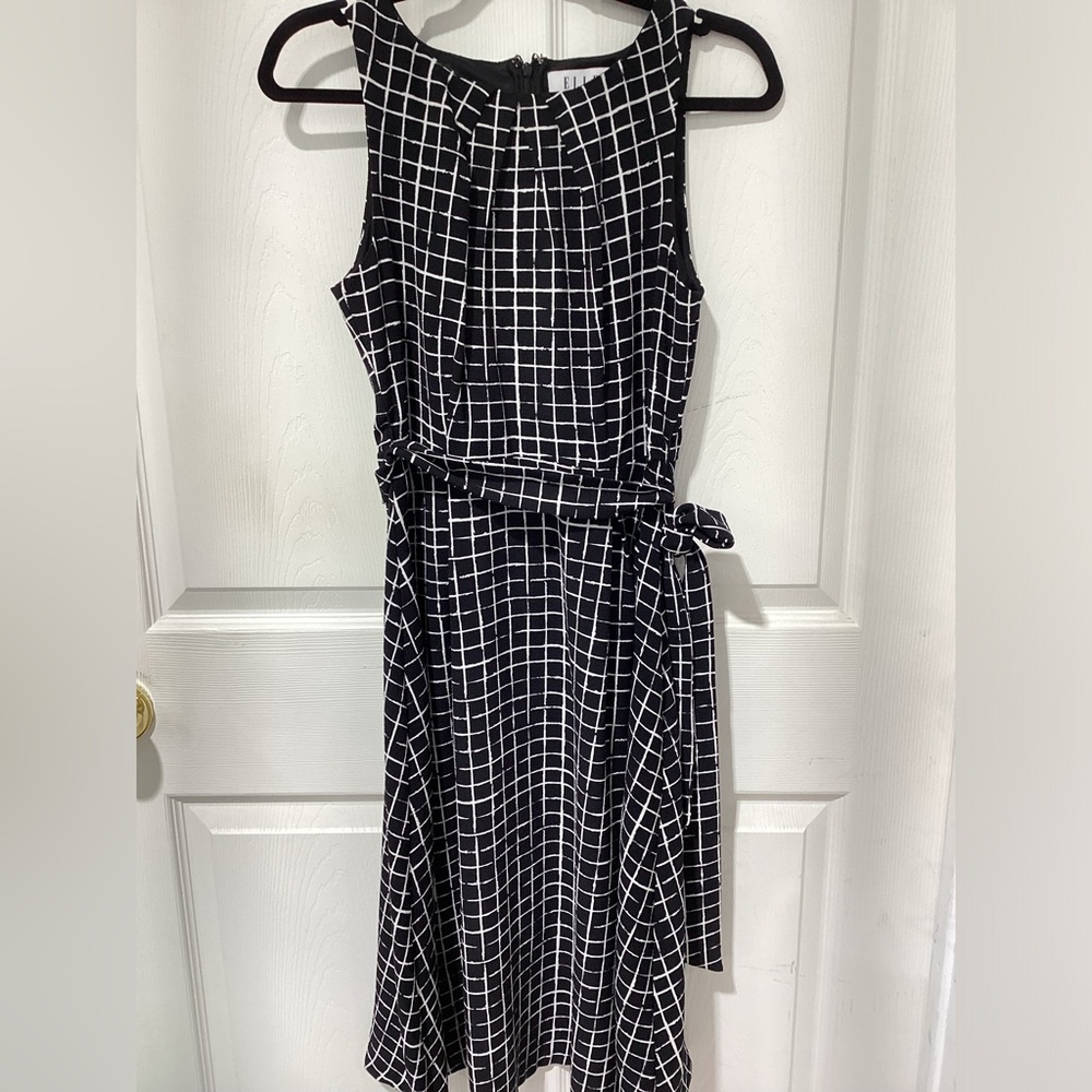 ELLE Sleeveless Long Shift Dress 4 Black White Check Plaid Belt Zip